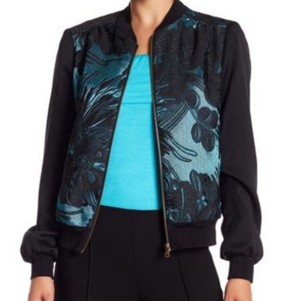 Trina Turk floral jacquard black and emerald green bomber jacket